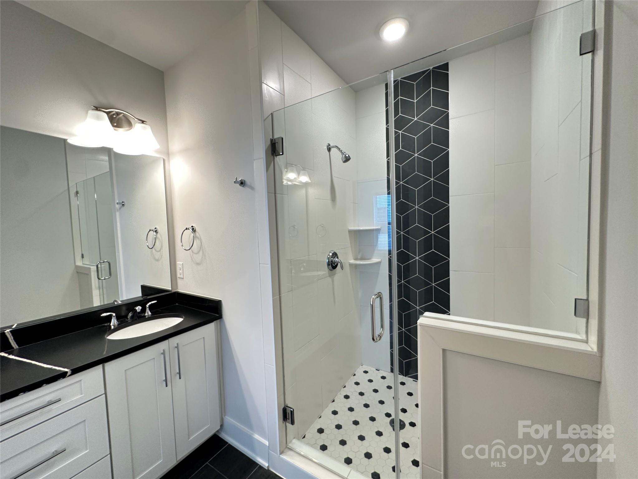 2124 Terwilliger Trail Charlotte, NC 28203 - Photo 18 of 36 a bathroom with a double vanity sink a toilet a shower and a mirror