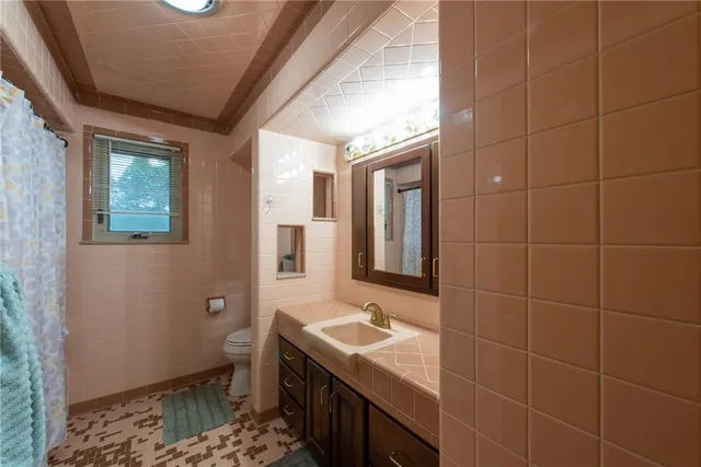 a bathroom with a sink toilet and shower