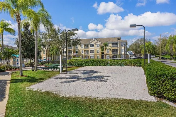 a view of a park with slide