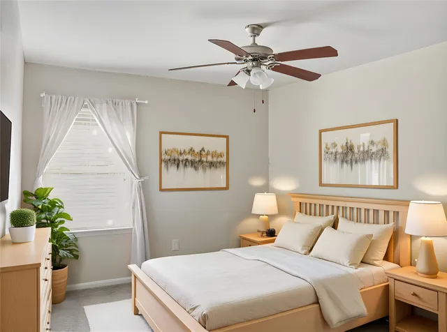 a bedroom with a bed and a painting on the wall