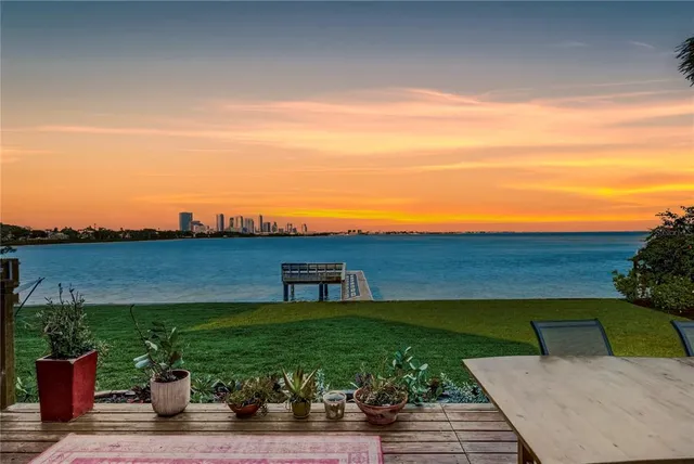a view of a patio with lawn chairs potted plants and large tree