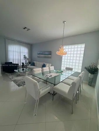 a view of a dining room with furniture