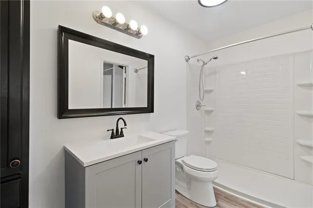 a bathroom with a toilet sink a mirror a vanity and shower