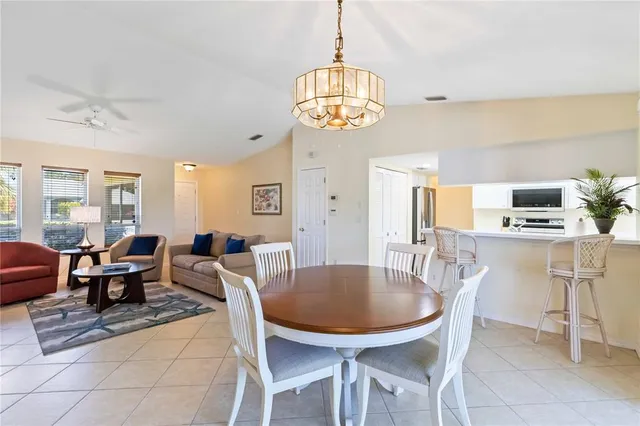 a view of a dining room with furniture