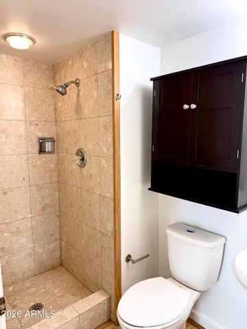 a bathroom with a toilet and a shower