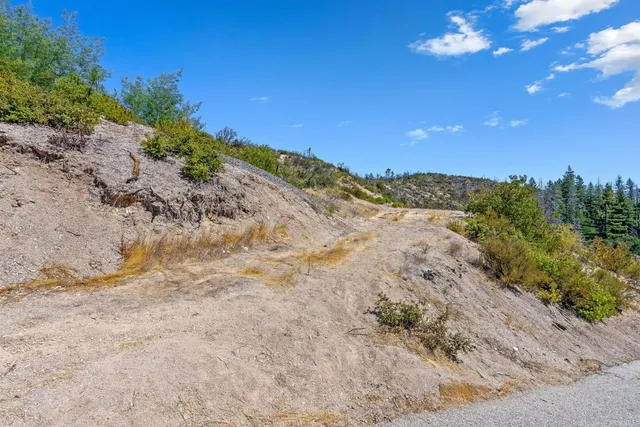 a view of a dry yard with mountains in the background