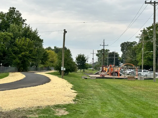a view of a park with large trees