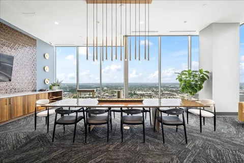 a city view with tall buildings