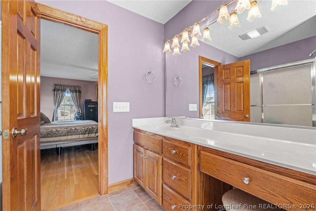 4240 Nicholson Road Cameron, NC 28326 - Photo 17 of 49 a bathroom with a sink a large mirror and a shower