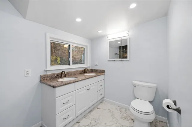 a bathroom with a toilet a sink a window and mirror