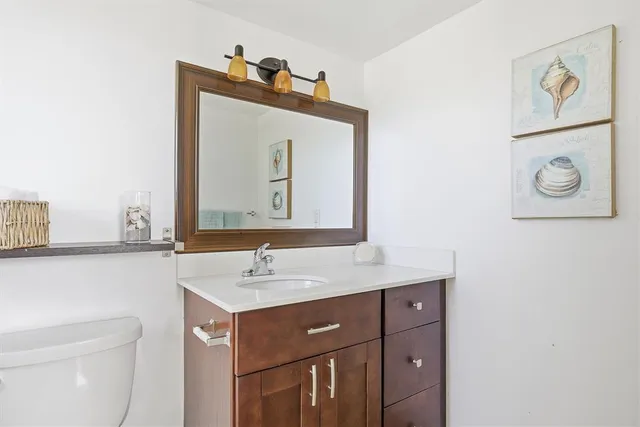 a bathroom with a sink vanity and toilet