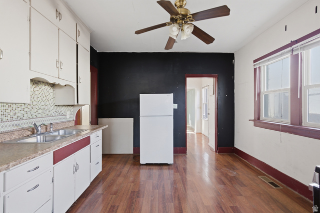869 West Center Street Provo, UT 84601 - Photo 15 of 32 Kitchen with light countertops, freestanding refrigerator, white cabinets, and dark wood-style flooring