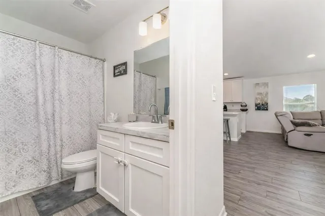 a bathroom with a sink a toilet and a mirror