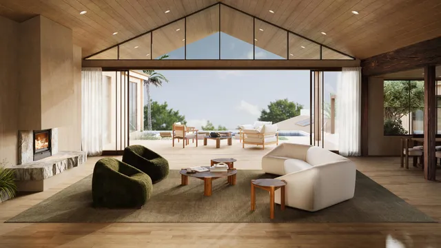 a view of a dining room with furniture and a window