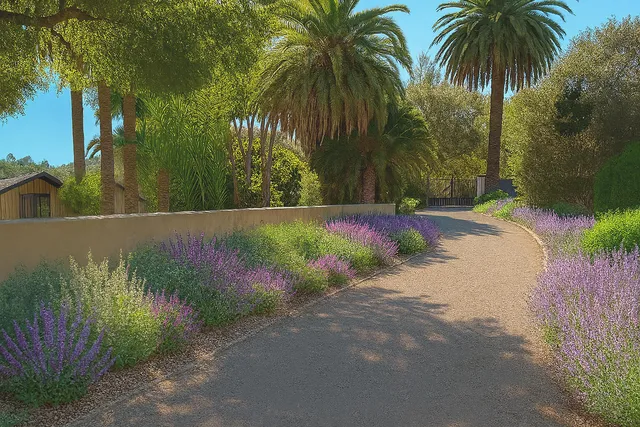 a view of a yard with a palm tree