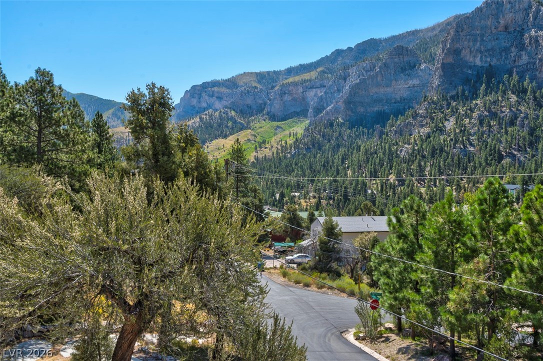 264 Crestview Drive Mount Charleston, NV 89124 - Photo 71 of 78 This scenic mountain view showcases a quiet road winding through a lush, tree-filled landscape.