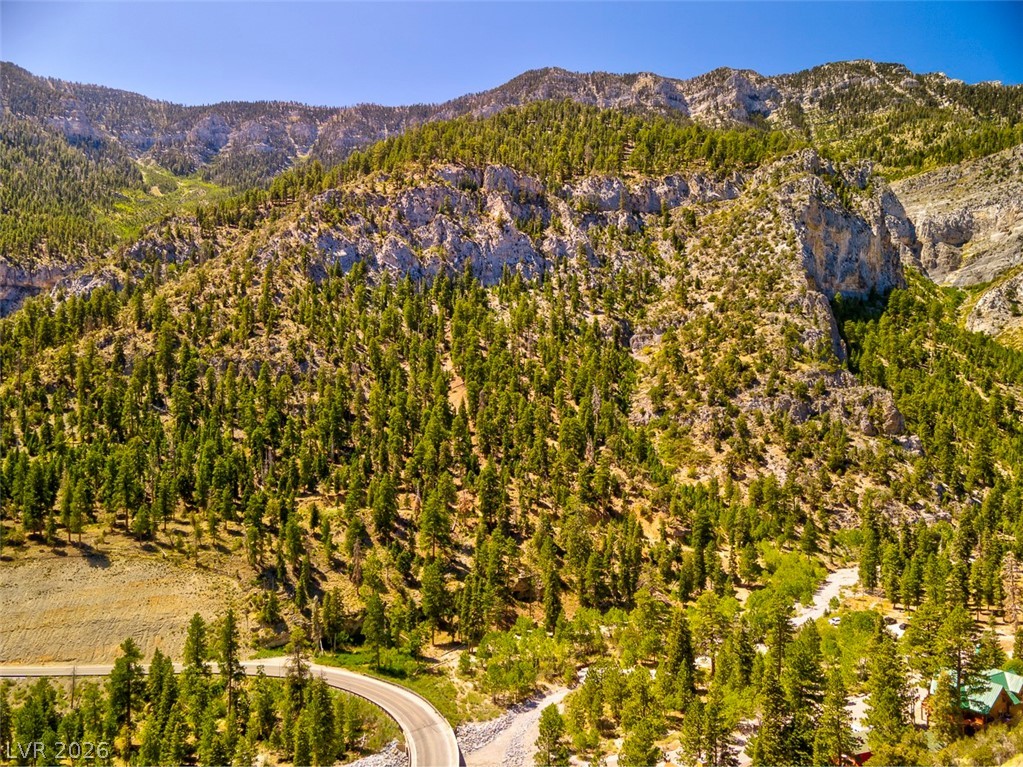 264 Crestview Drive Mount Charleston, NV 89124 - Photo 77 of 78 This scenic mountain landscape features a winding road through lush forests.