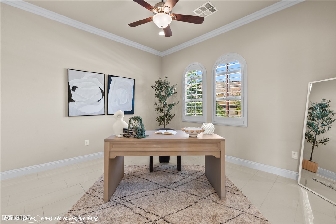 1348 Basin View Mesquite, NV 89034 - Photo 12 of 70 Office area with crown molding, light tile patterned floors, and recessed lighting