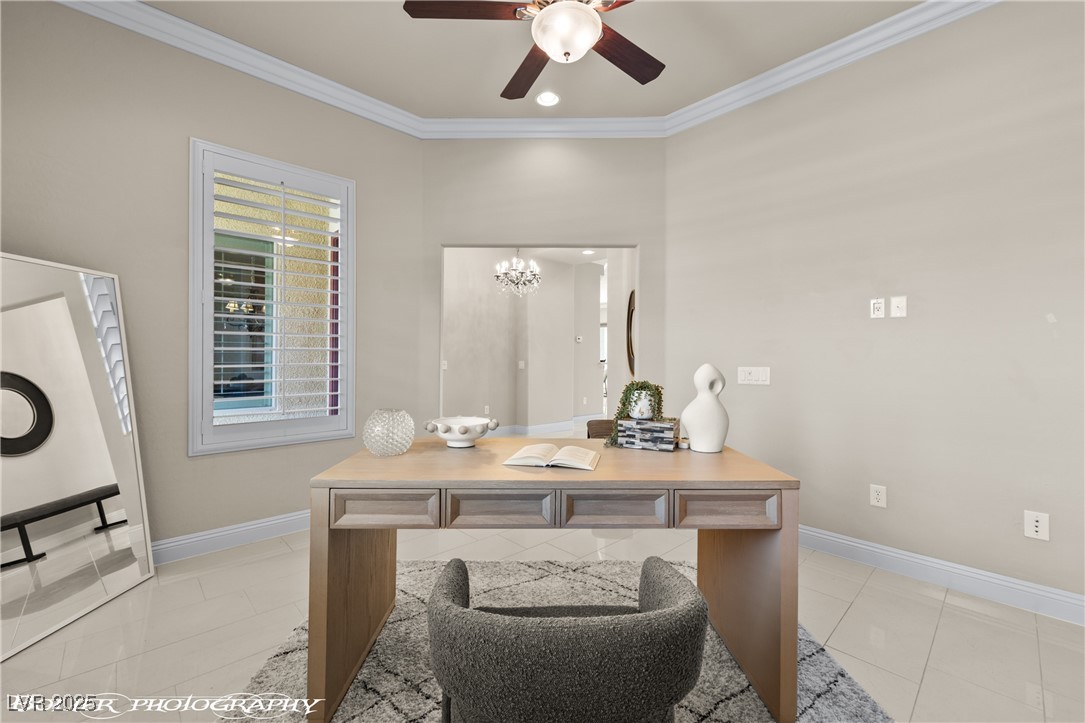 1348 Basin View Mesquite, NV 89034 - Photo 13 of 70 Office with light tile patterned floors, crown molding, a chandelier, recessed lighting, and a ceiling fan