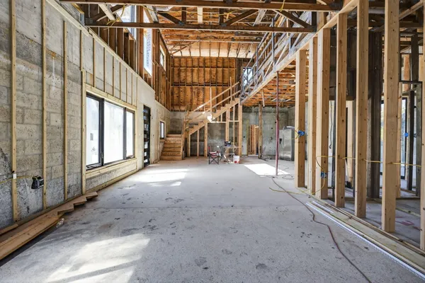 a view of a room with wooden walls