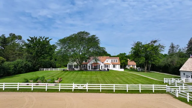 a view of a park with large trees