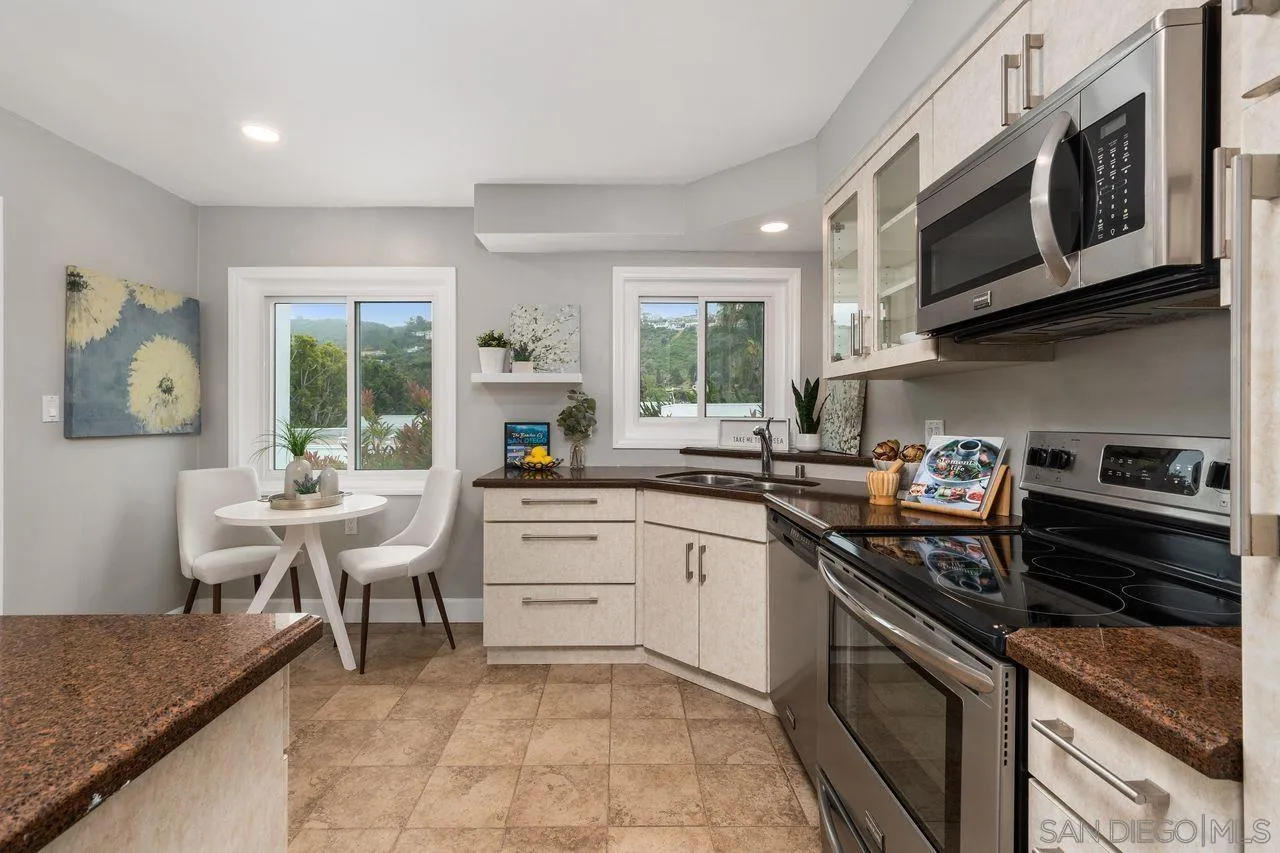 2362 Torrey Pines Road, Unit 33 La Jolla, CA 92037 - Photo 9 of 32 a kitchen with stainless steel appliances granite countertop a stove top oven a sink dishwasher and cabinets