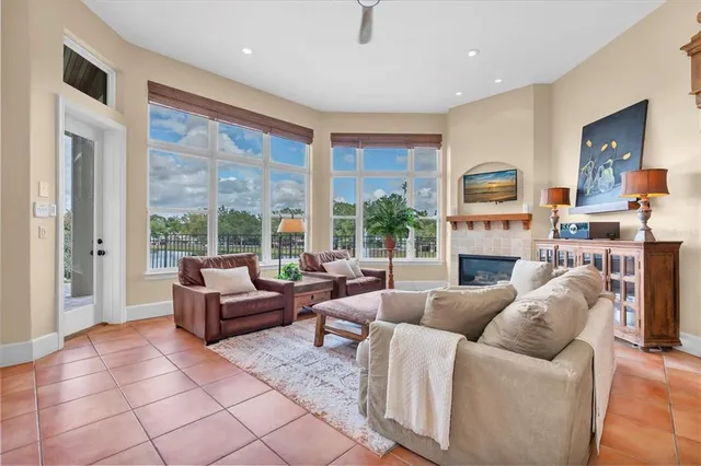 a bedroom with a bed and a fireplace