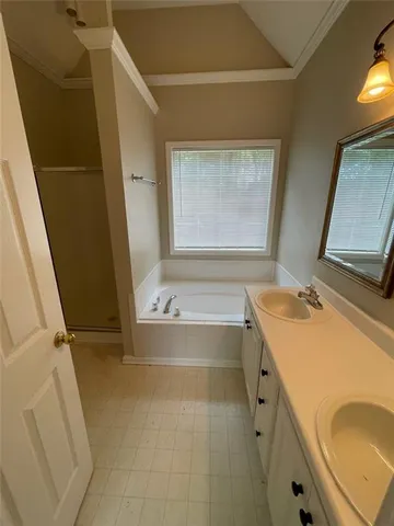 a bathroom with a sink a bathtub and a mirror