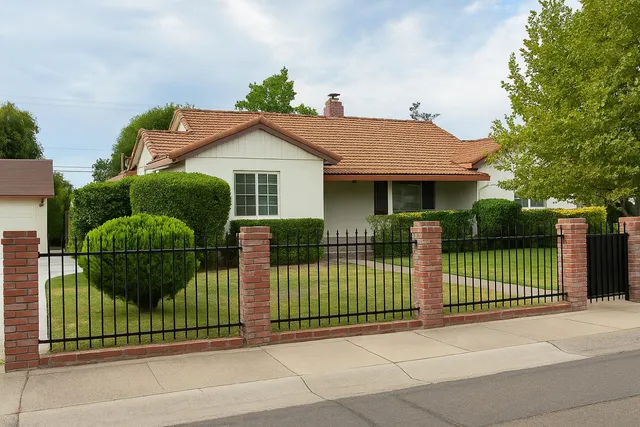 a view of a house with a small yard and plants