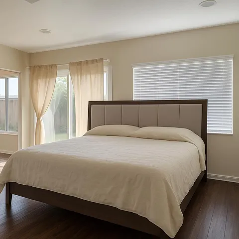 a bedroom with a bed and window