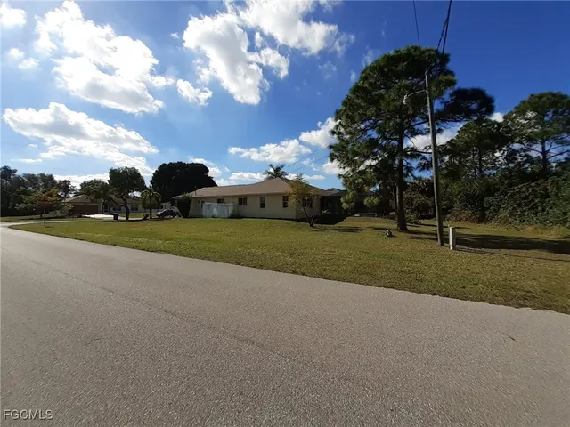 a view of a park with large trees