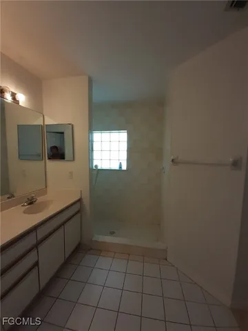 a bathroom with a sink a mirror and a shower