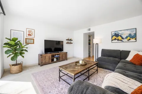 a living room with furniture a flat screen tv and a potted plant