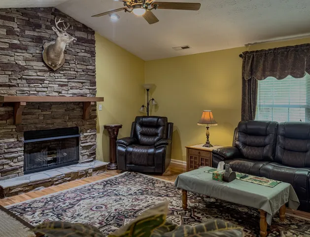 a living room with furniture and a fireplace