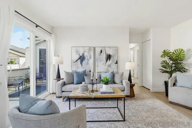 a living room with furniture and a potted plant