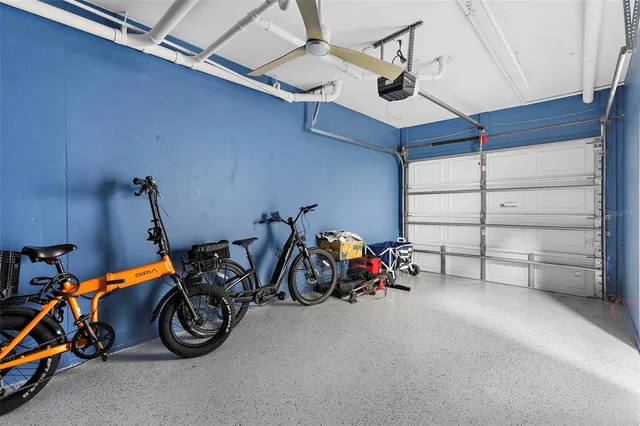 a view of a garage with storage