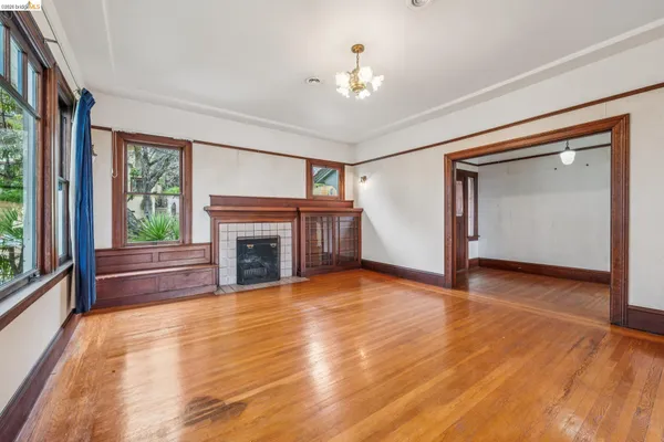 a view of a room with large windows