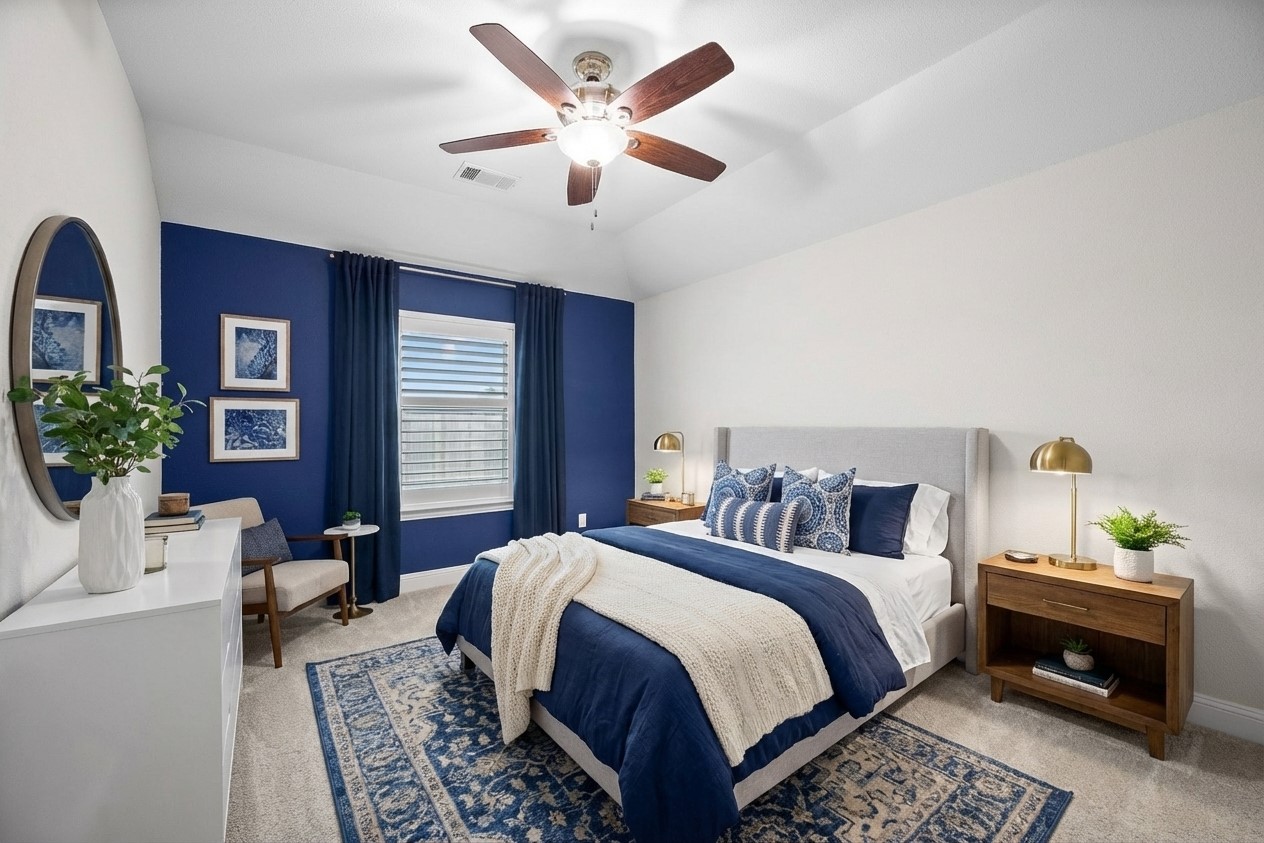 2300 Lakehurst Road Spicewood, TX 78669 - Photo 21 of 40 Bedroom featuring light carpet, a ceiling fan, and lofted ceiling- virtually staged