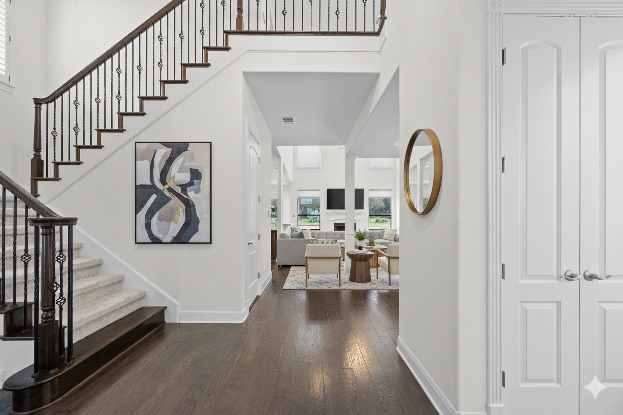 2300 Lakehurst Road Spicewood, TX 78669 - Photo 4 of 40 Entryway featuring dark wood-style flooring and a high ceiling - virtually staged