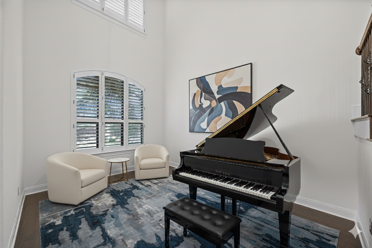 2300 Lakehurst Road Spicewood, TX 78669 - Photo 5 of 40 Living area with dark wood finished floors and a high ceiling- virtually staged