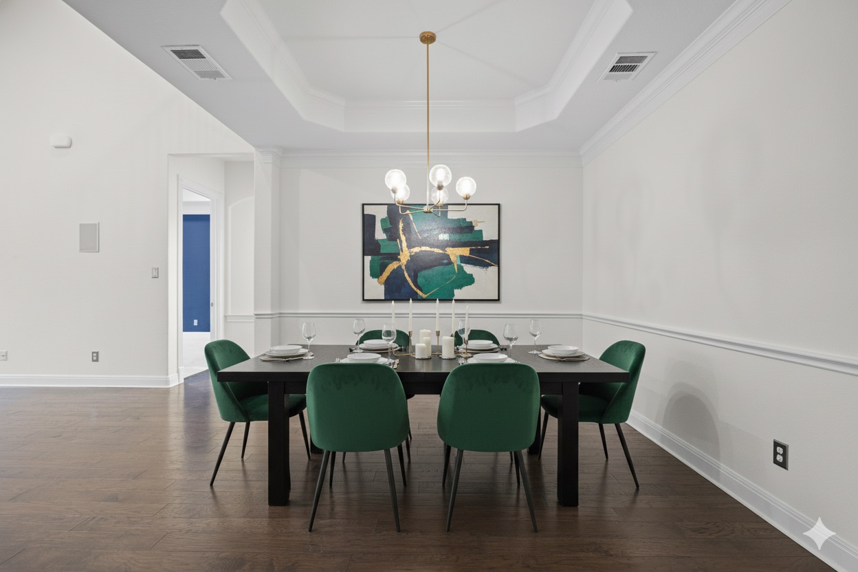 2300 Lakehurst Road Spicewood, TX 78669 - Photo 8 of 40 Dining area with dark wood-style flooring, a chandelier, and a raised ceiling- virtually staged