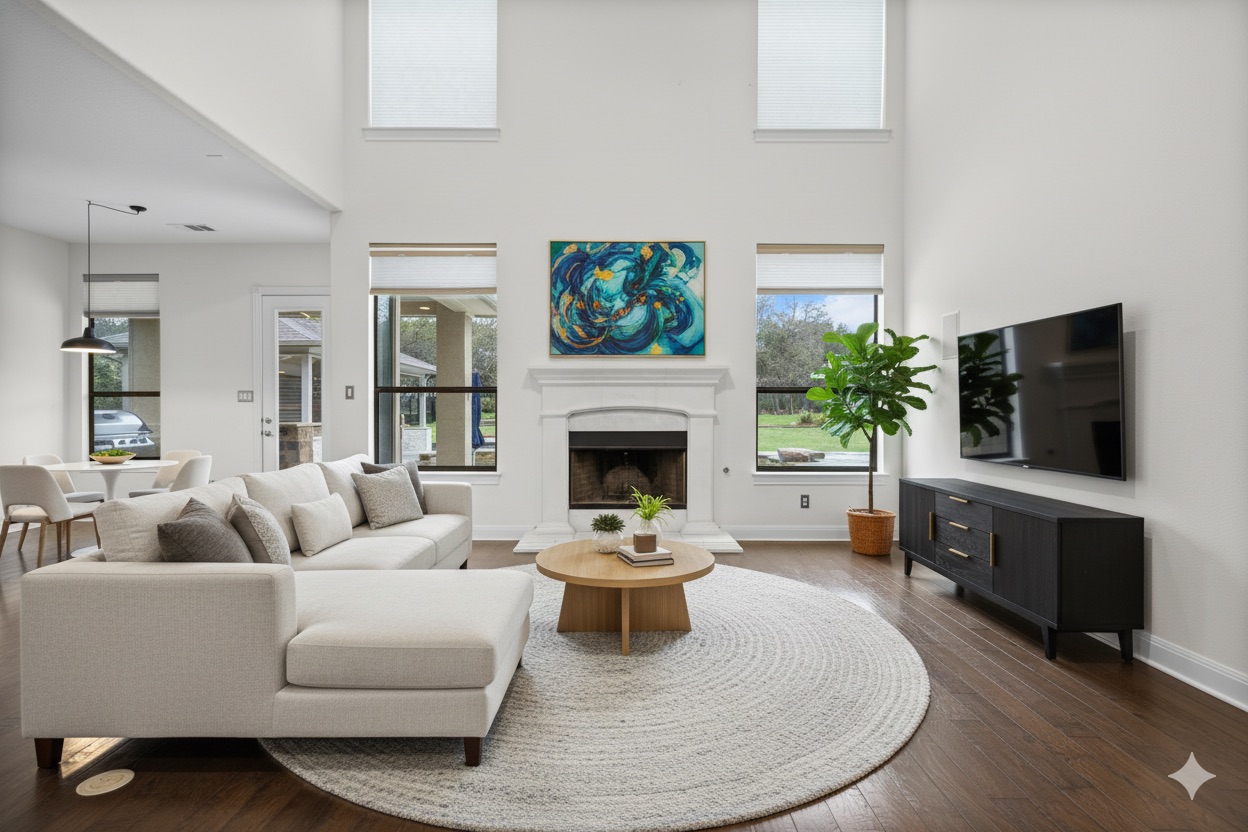 2300 Lakehurst Road Spicewood, TX 78669 - Photo 10 of 40 Living room with a high ceiling, dark wood-style floors, and a fireplace- virtually staged