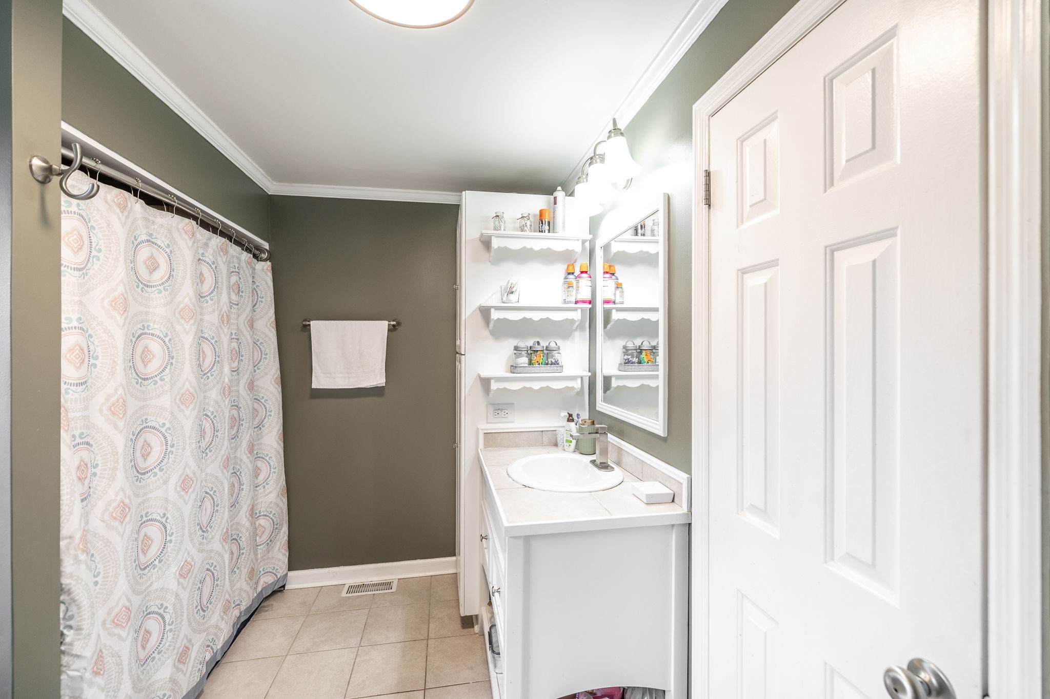 5776 Craft Road Joelton, TN 37080 - Photo 21 of 57 a bathroom with a sink a mirror and a shower curtain