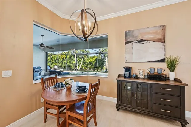 a view of a dining room with furniture window and outside view