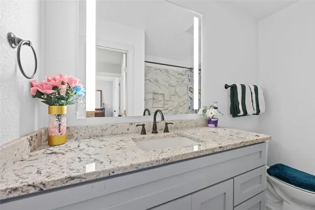 a bathroom with a granite countertop sink and a mirror