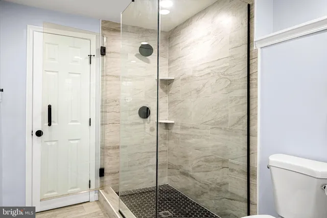 a bathroom with a shower and toilet