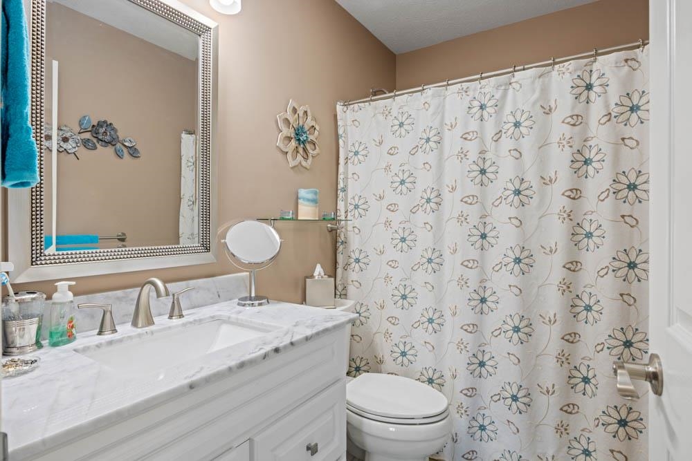 406 Three Leagues Road McGaheysville, VA 22840 - Photo 9 of 55 a bathroom with a granite countertop sink a toilet and a mirror