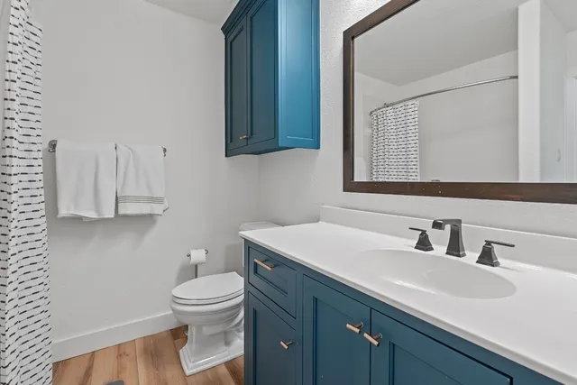 a bathroom with a toilet a sink and mirror