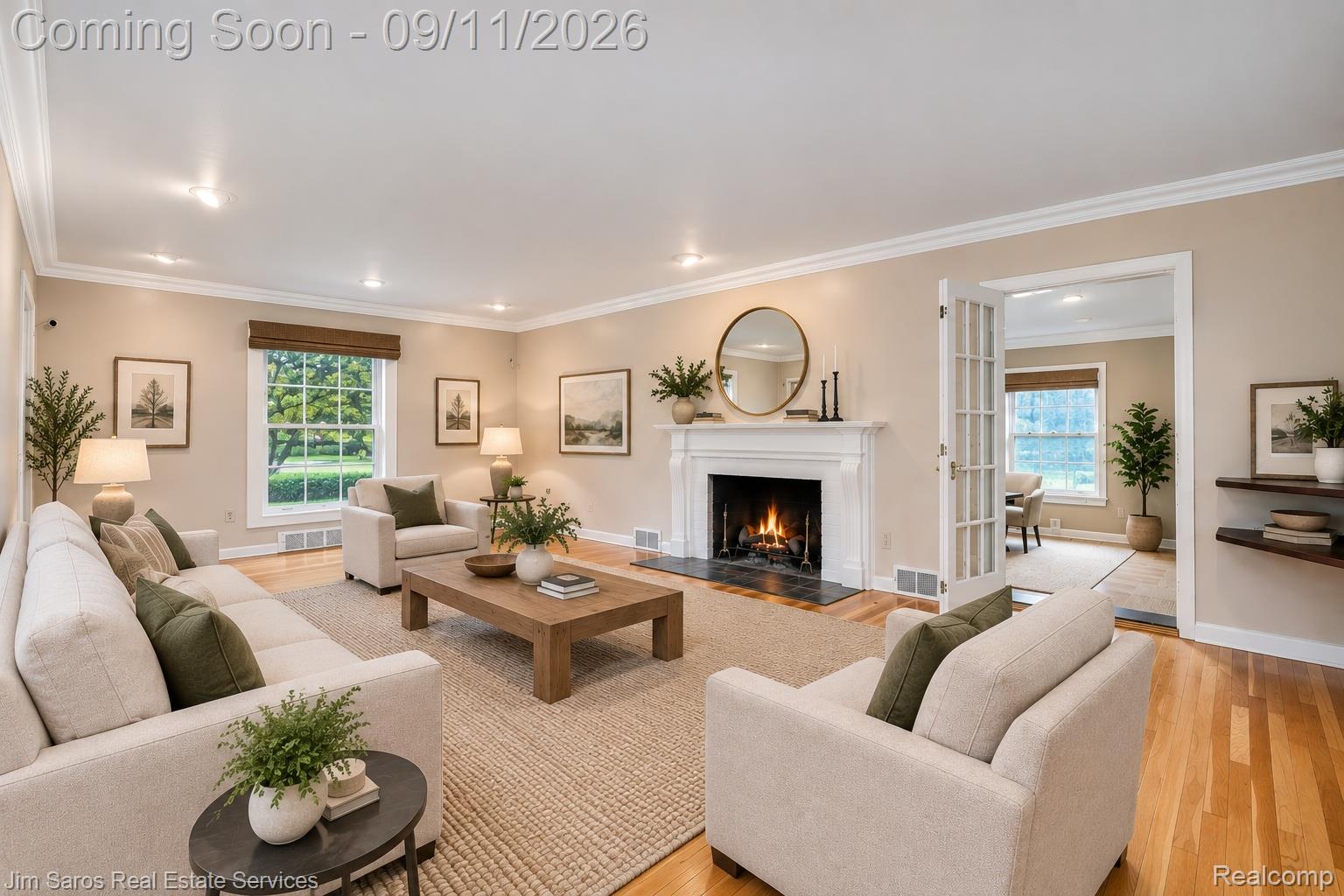 1445 Devonshire Road Grosse Pointe, MI 48230 - Photo 3 of 30 Hardwood flooring, crown molding, a fireplace with a detailed mantel, and recessed lighting