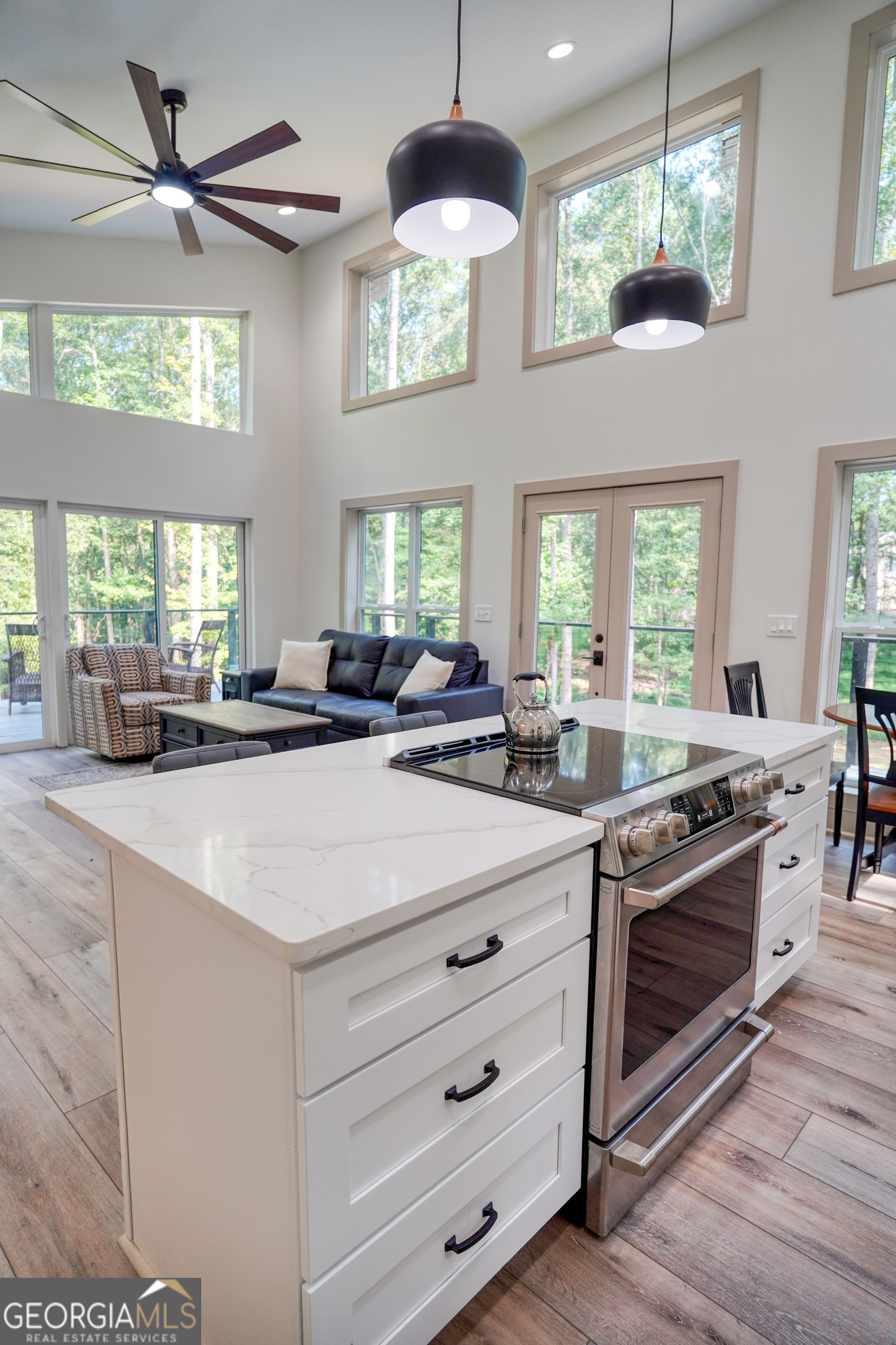 440 Palmetto Road Tyrone, GA 30290 - Photo 10 of 32 a kitchen with stainless steel appliances a stove a chandelier and a large window